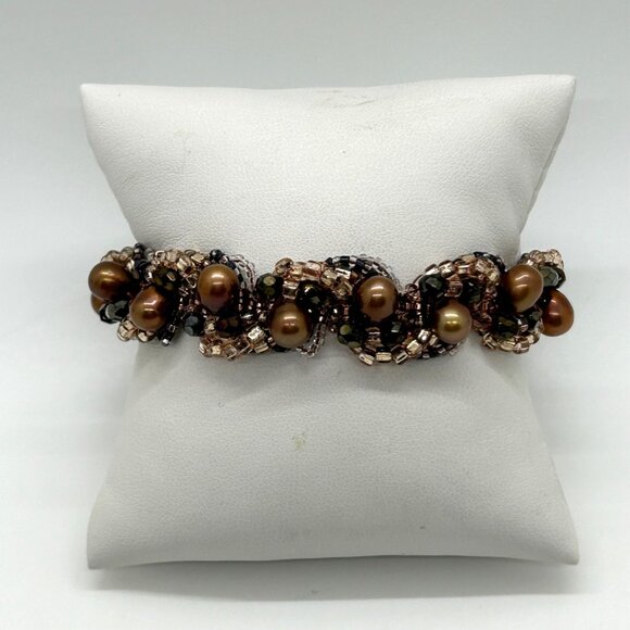 Handmade Jewelry - Vintage Woven Beaded Bracelet With Freshwater Pearls & Carnelian Bead Accent